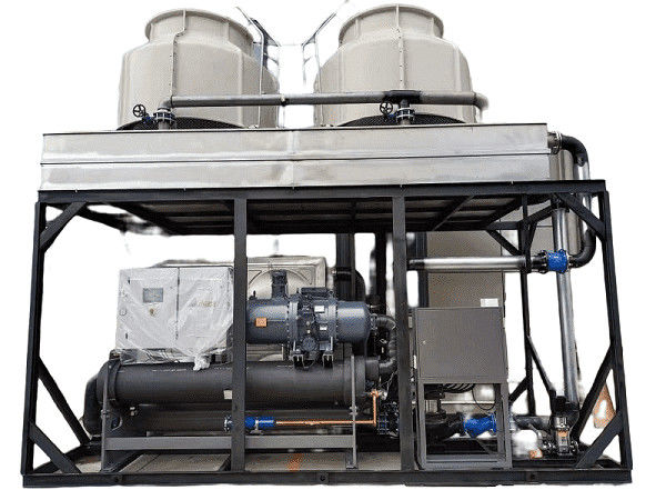 100hp น้ําเย็นสกรูชนิด อุณหภูมิต่ํา เครื่องเย็นด้วยแฮนเบลล์คอมเพรสเซอร์คู่สําหรับเครื่องพิมพ์ฉีด